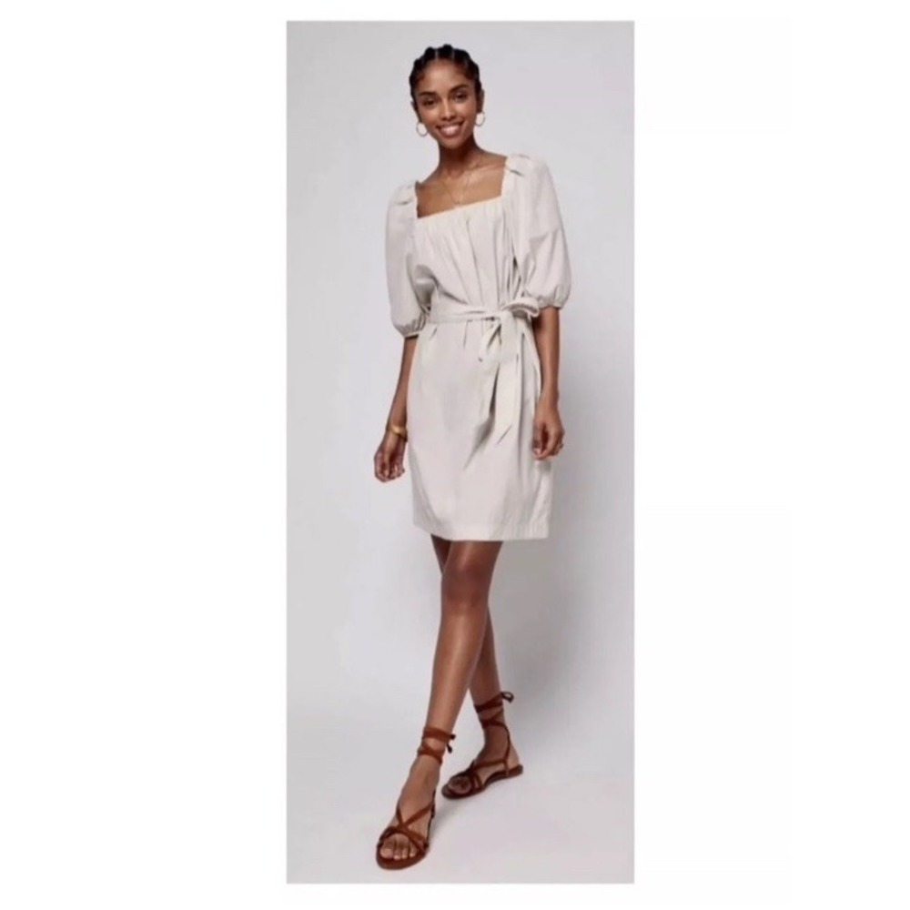 $178 Faherty Khaki Poplin Dress XS belted 100% cotton puff sleeve Khaki‎